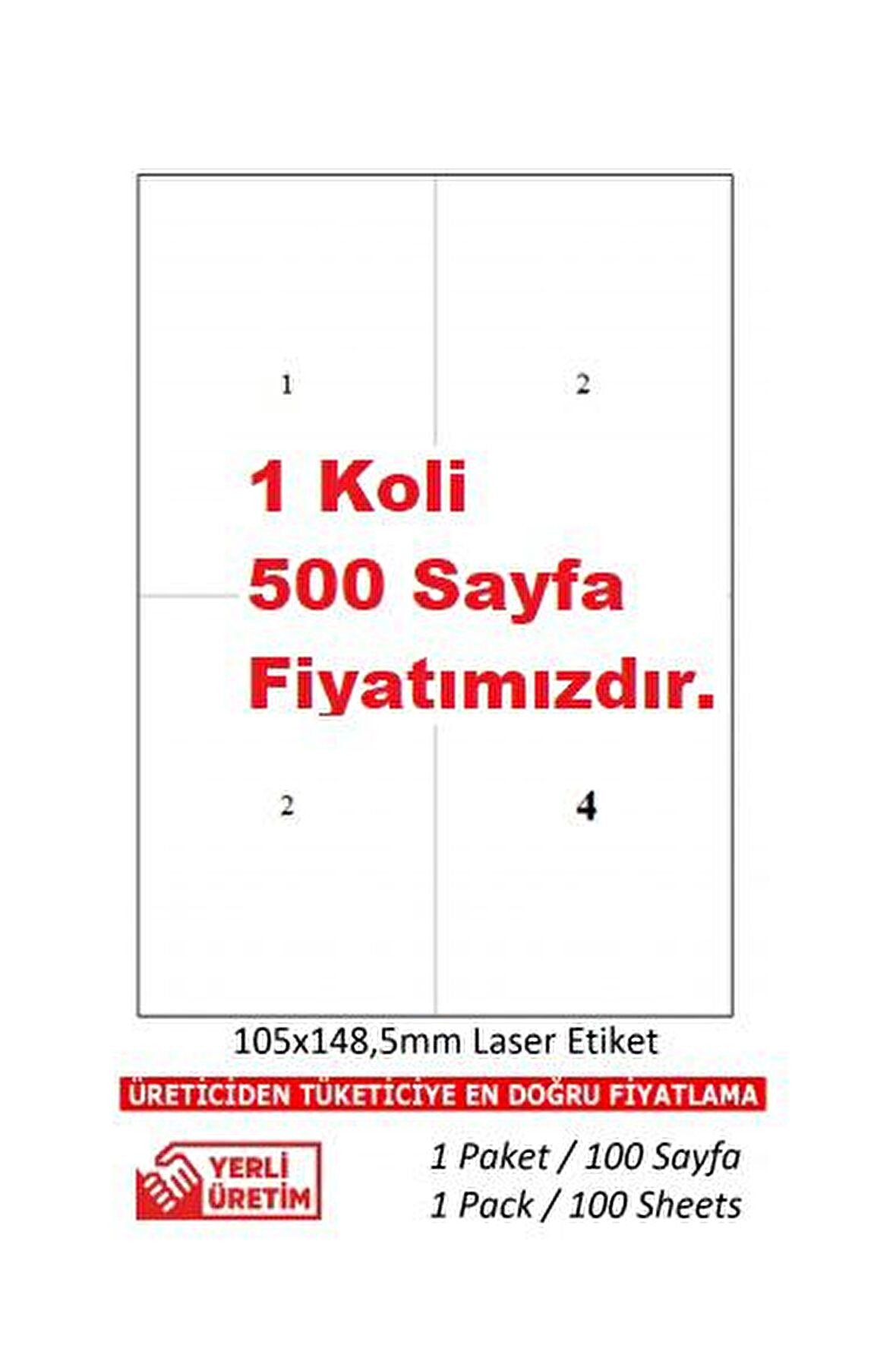 A1Etiket 2204 500 A4 Sayfa 105 x 148,5 mm 5 Paket Lazer Etiket  A4 Sayfada 4 Etiket